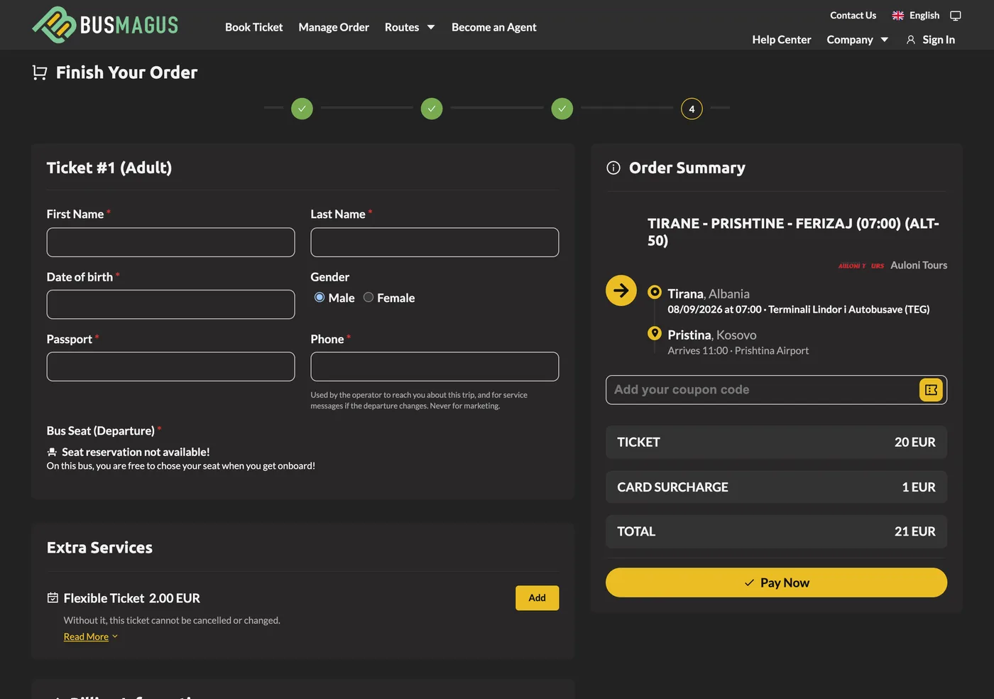 The checkout page with passenger details and the order summary