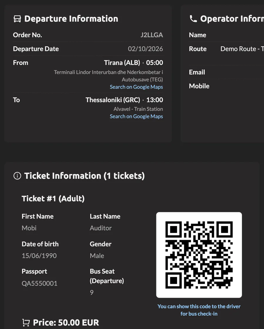 An order page with the departure details, the ticket and its QR code
