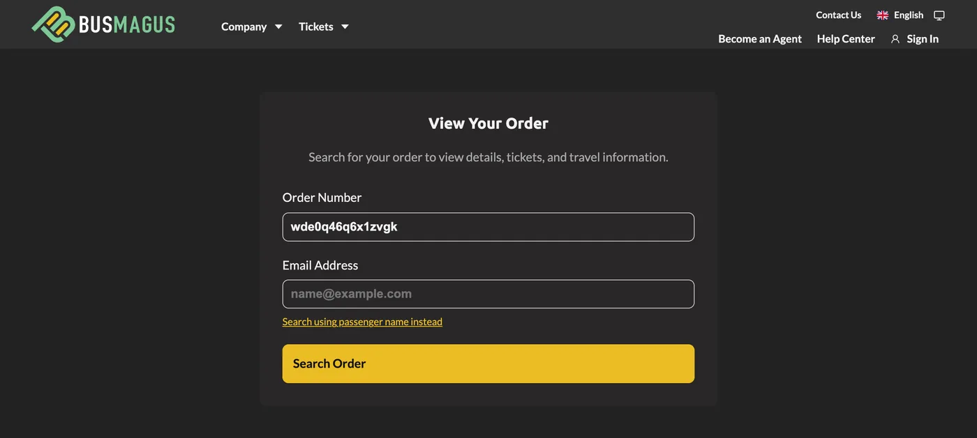 The Manage Order lookup form